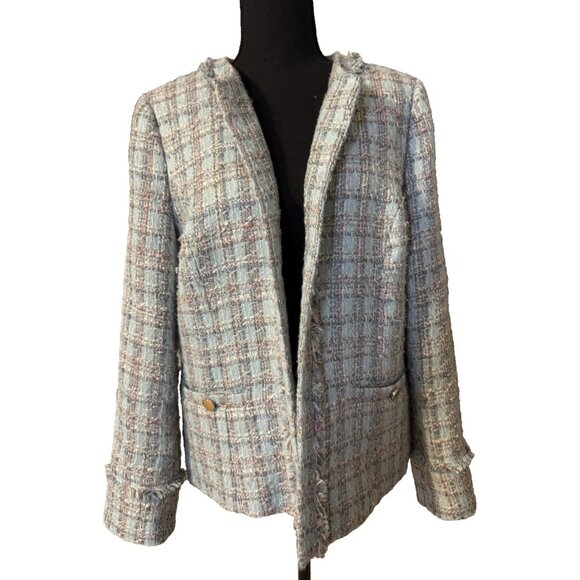 Ann Klein Tweed Double Breasted Blazer Jacket 14 Preppy Blue Pink Multi Metallic - Picture 6 of 16